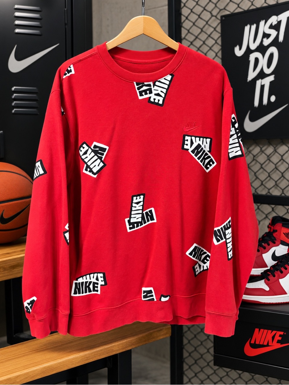 Nike Red Crewneck Sweatshirt with Black & White Logo Accents